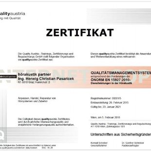 Zertifikat "qualityaustria - Erfolg mit Qualität" von Hörgeräte Pasaricek in Graz