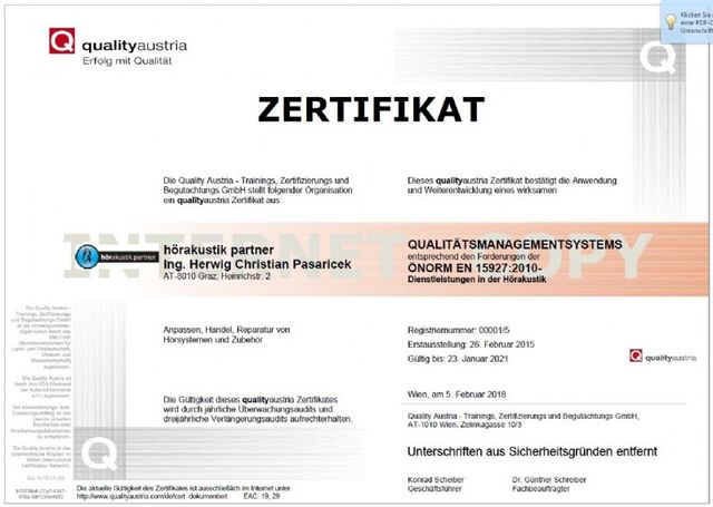 Zertifikat "qualityaustria - Erfolg mit Qualität" von Hörgeräte Pasaricek in Graz